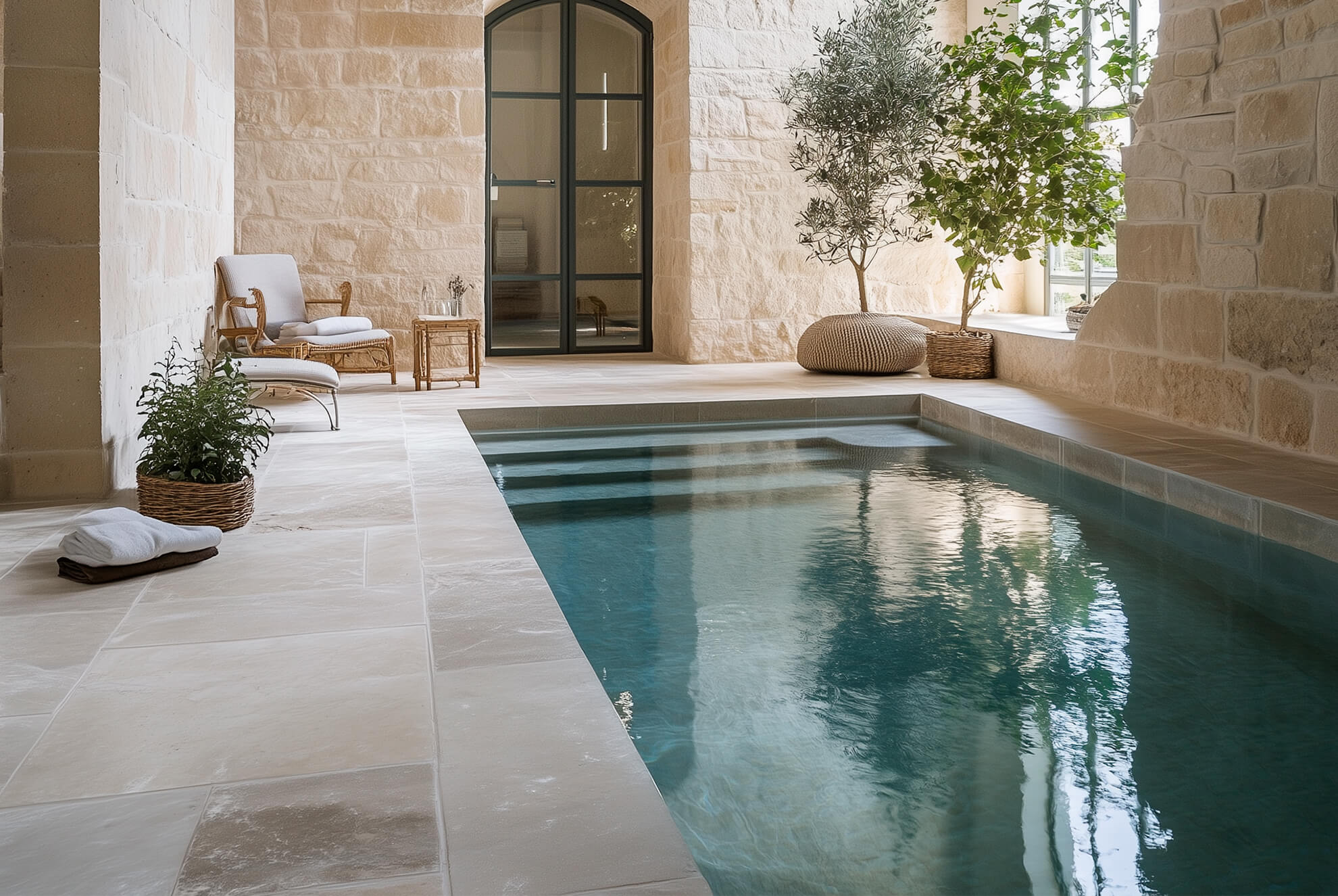 Piscine intérieure au style méditerranéen classique, sublimée par des murs en travertin pour une ambiance apaisante et élégante